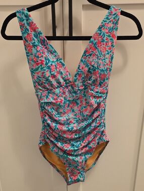 J. Crew Aqua Floral One-Piece Swimsuit with Coral & Pink Accents